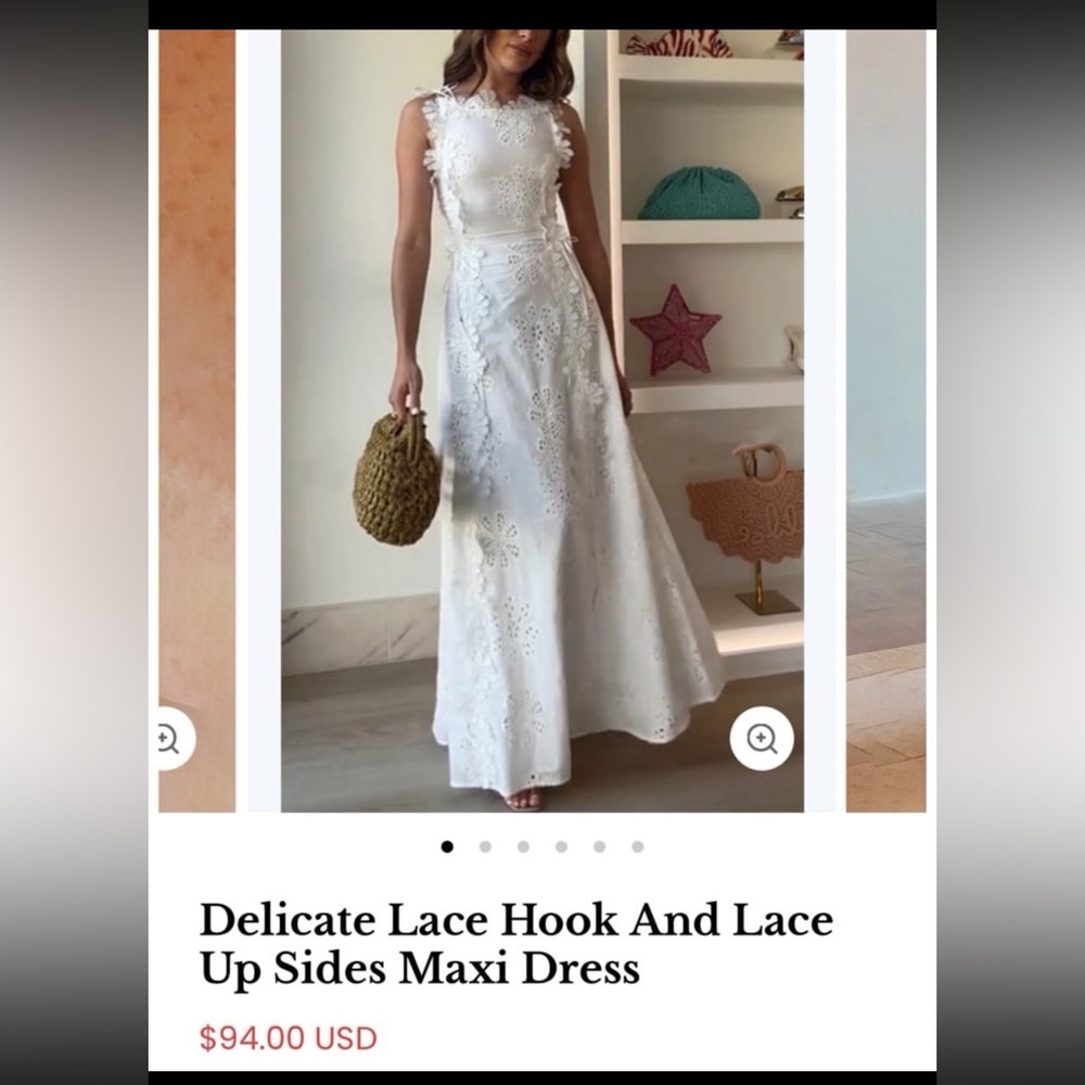 Delicate Lace Hook and Side Lace-Up Maxi Dress - White